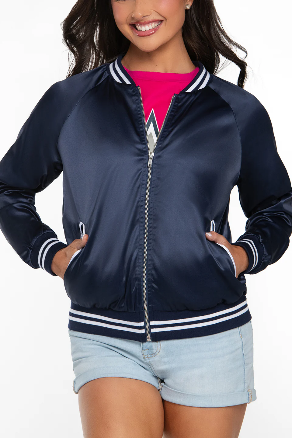DCC Satin Bomber Jacket in Navy - Image 2