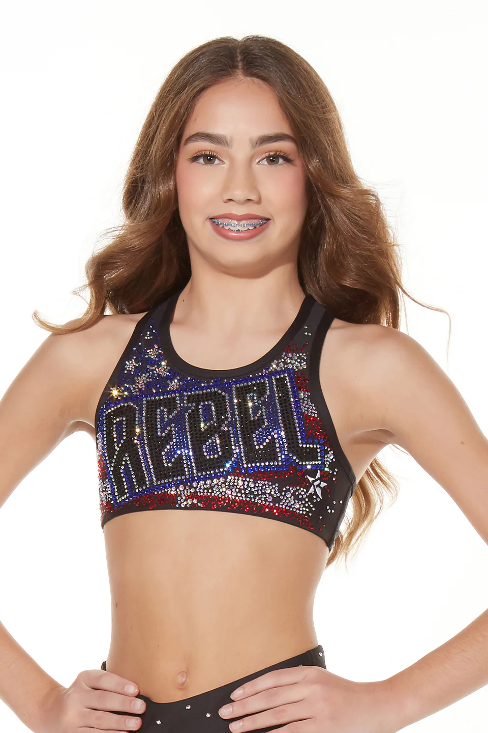 Red, White, and Rebel Racer Back JewelLuxe Sports Bra - Image 4